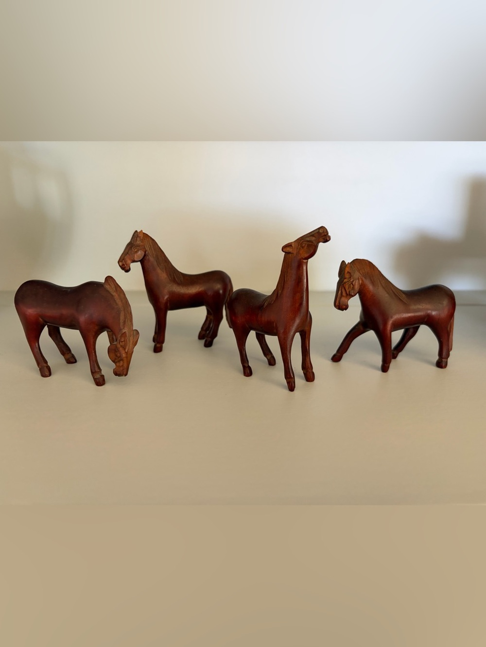 Set 4 VTG 3” Carved Wood Horses Trot Run Graze Frolic Equine Figurine Folk Art